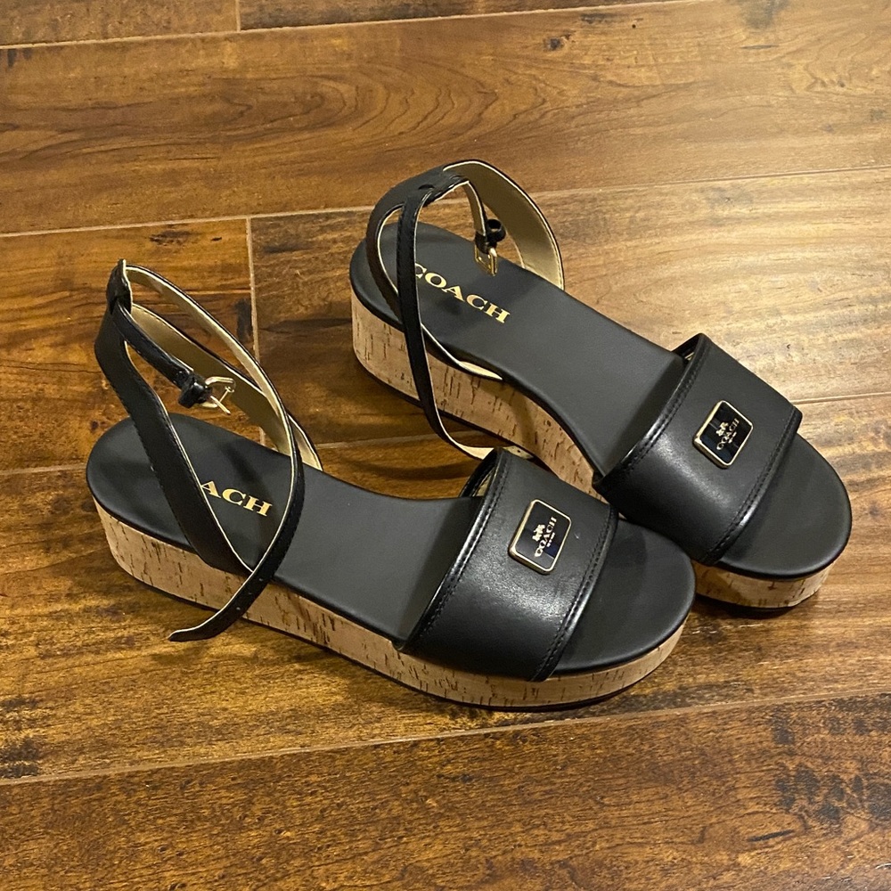 Coach Black Leather Platform Sandals